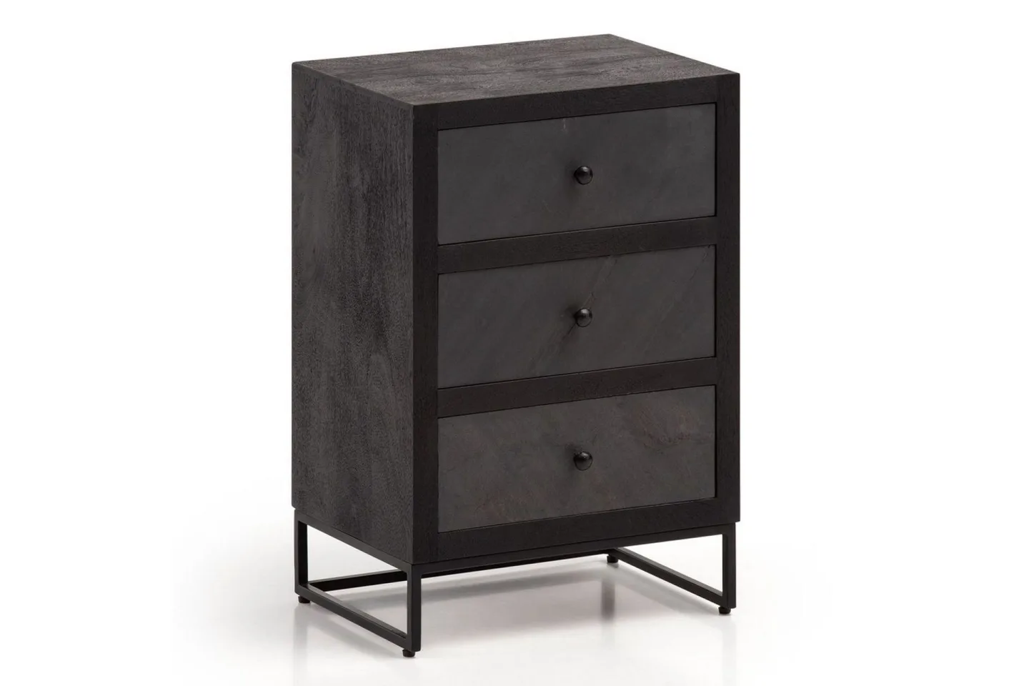 Sängbord Wohnling gjord av massivt trä för boxspringbädd med 3 lådor, skifferlook, i lantlig stil Svart - Svart