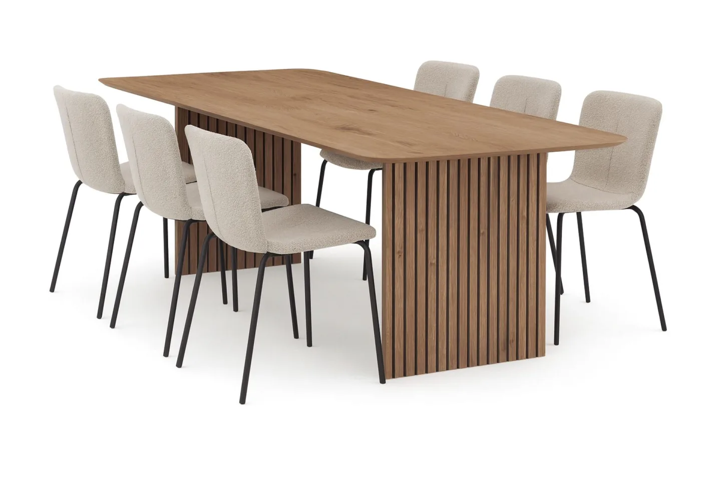 Richeto Matbord 180 cm med 6 Katy Matstolar - Naturlig finish / Greige Bouclé / Metallben Svart
