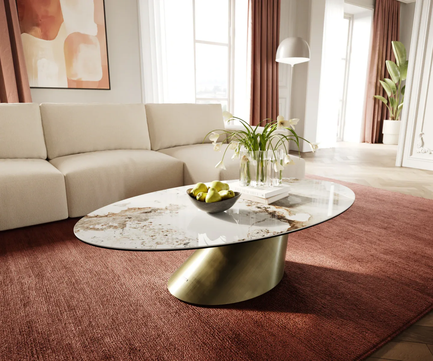 Couchtisch Edge Oval 140x80 cm Keramik Minas Melange Conis Metallic Gold
