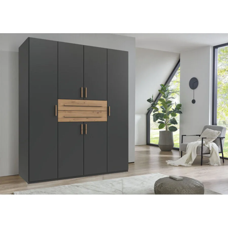 Kleiderschrank Stride Grafit, Abs. Artisan-Eiche-Nachbildung - Griffe Artisan-Eiche-NB Mischholz B 180 cm