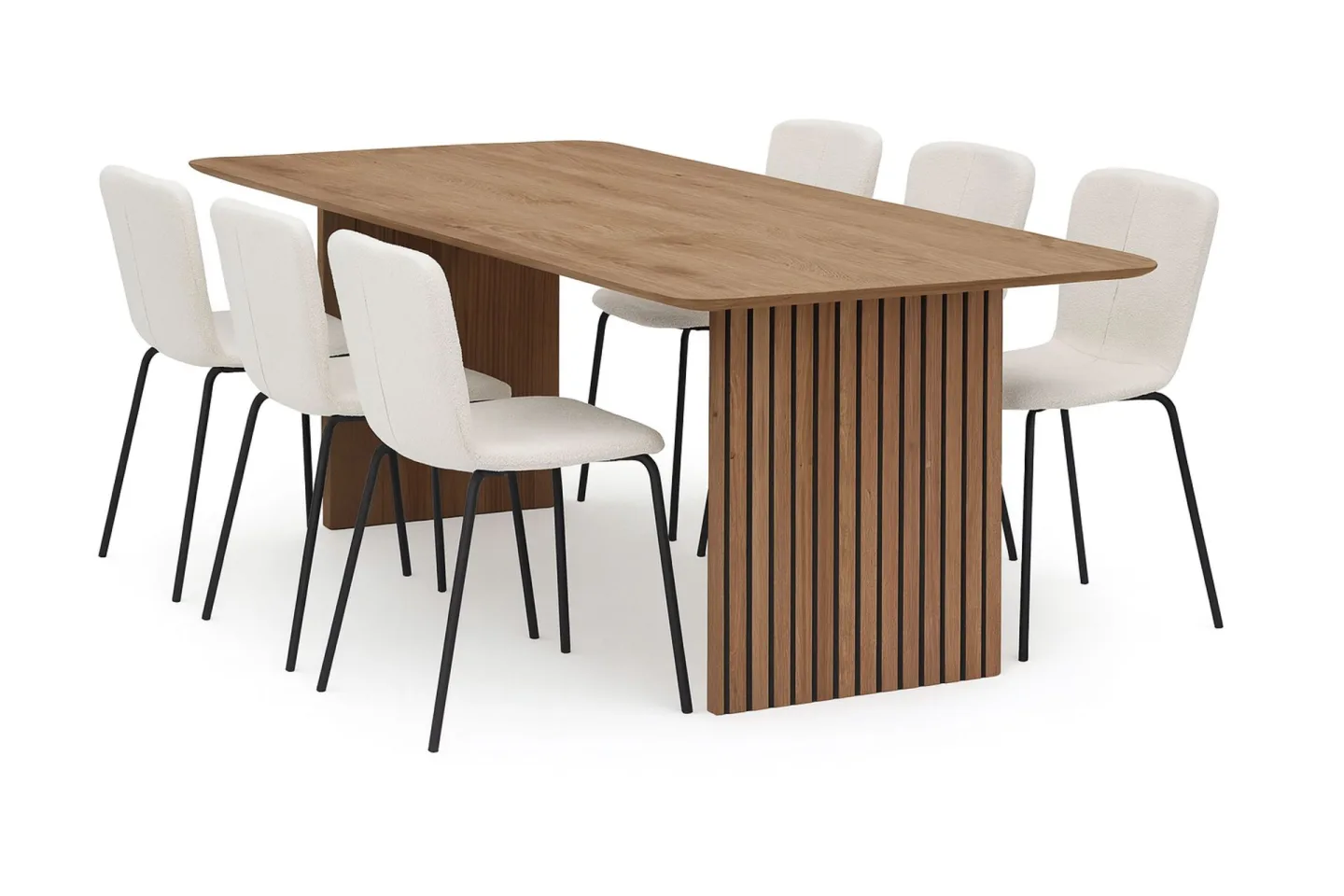 Richeto Matbord 210 cm med 6 Katy Matstolar - Naturlig finish / Vit Bouclé / Metallben Svart