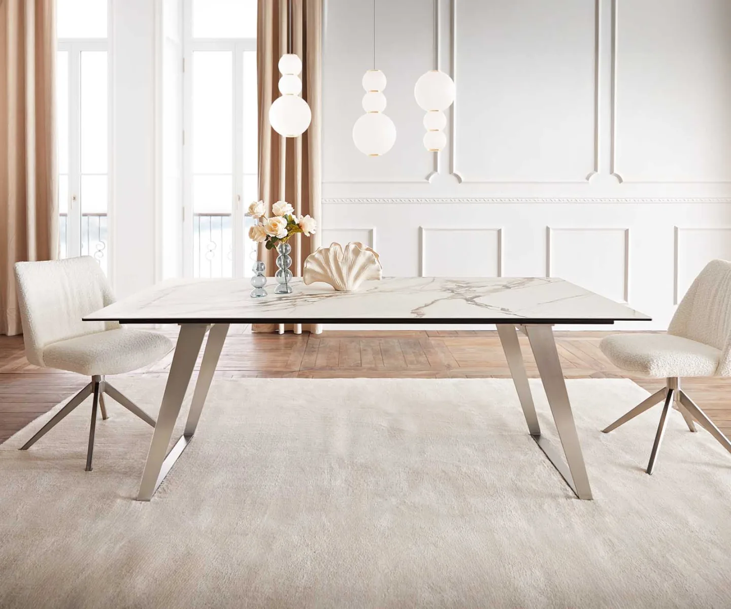Esstisch Edge 200x100 Keramik Calacatta Luxe Weiß-Gold-Grau Edelstahl Schräg