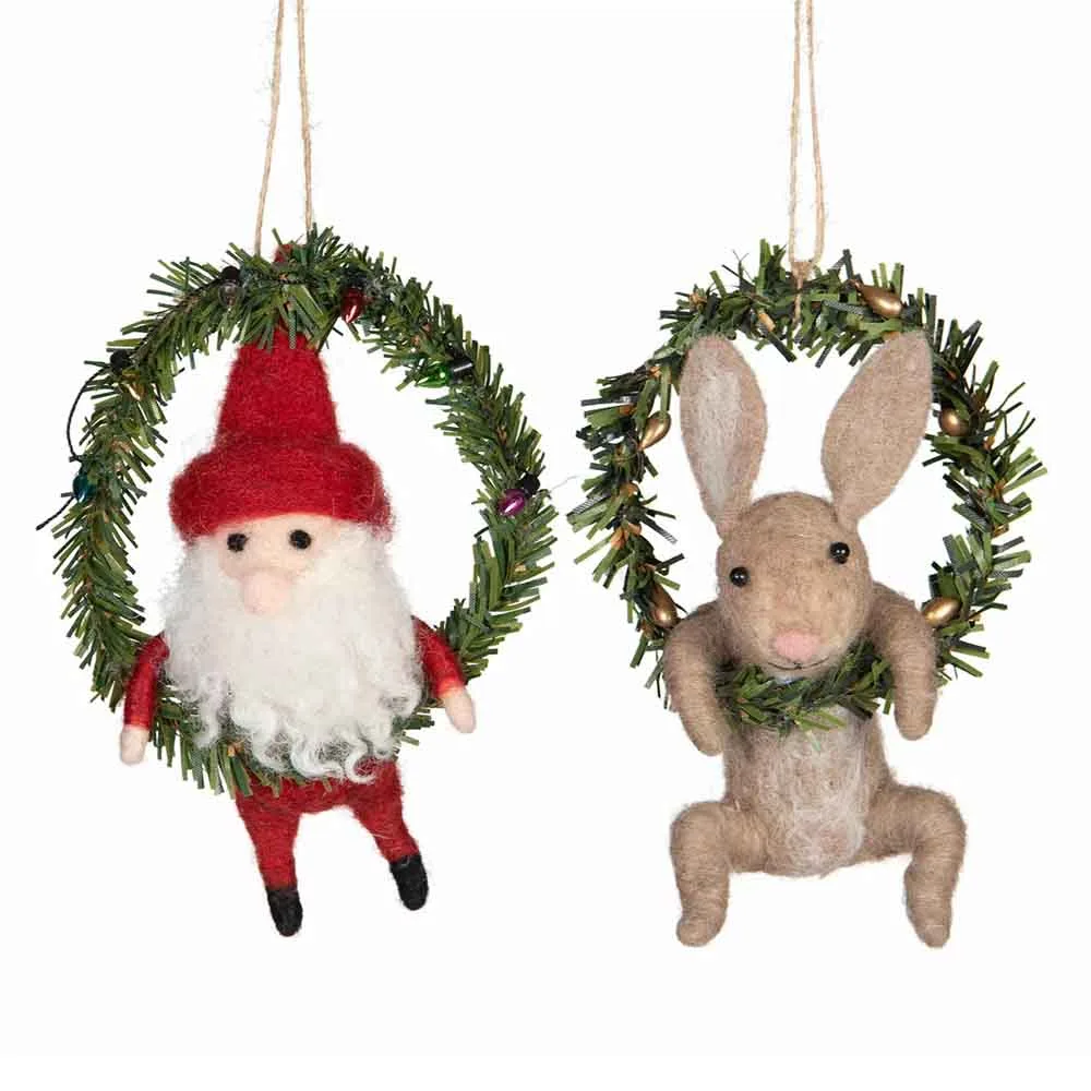 Julgransdekoration tomte & kanin i krans 2 set