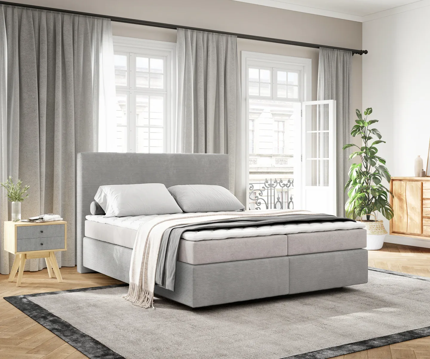 Boxspringbett Dream-Well 160x200 cm Cord Silbergrau mit Matratze und Topper