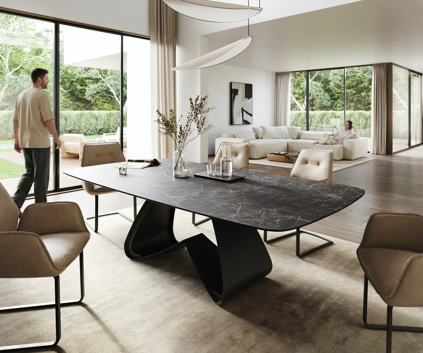 Esstisch Edge Boot 260x120 cm Keramik Laminam® Nero Greco Anthrazit W-Gestell Metall Schwarz