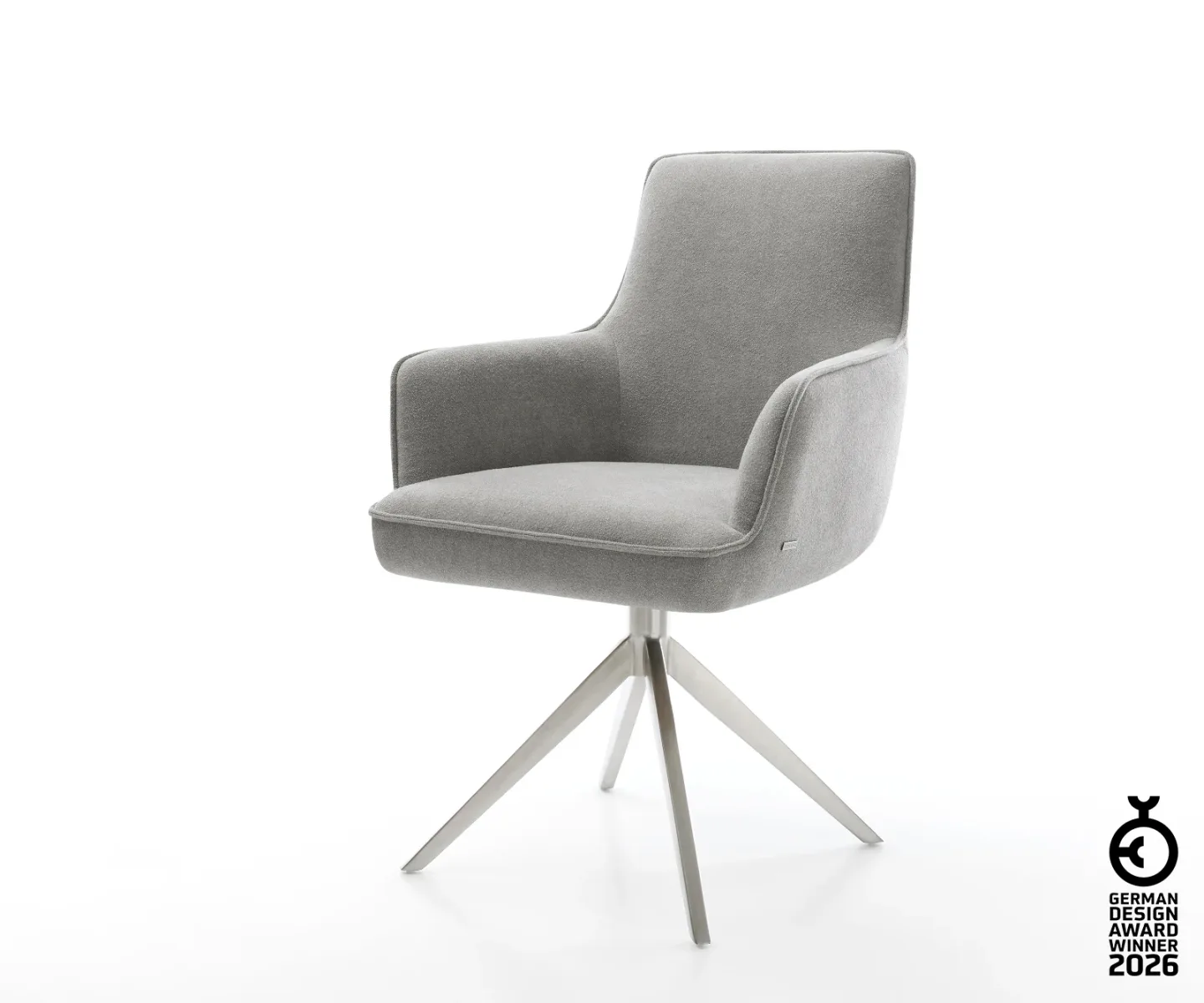 Drehstuhl Heira-Flex mit Armlehnen Strukturstoff Soft Grau Kreuzgestell breit Edelstahl 360° drehbar Wippfunktion Taschenfederkern