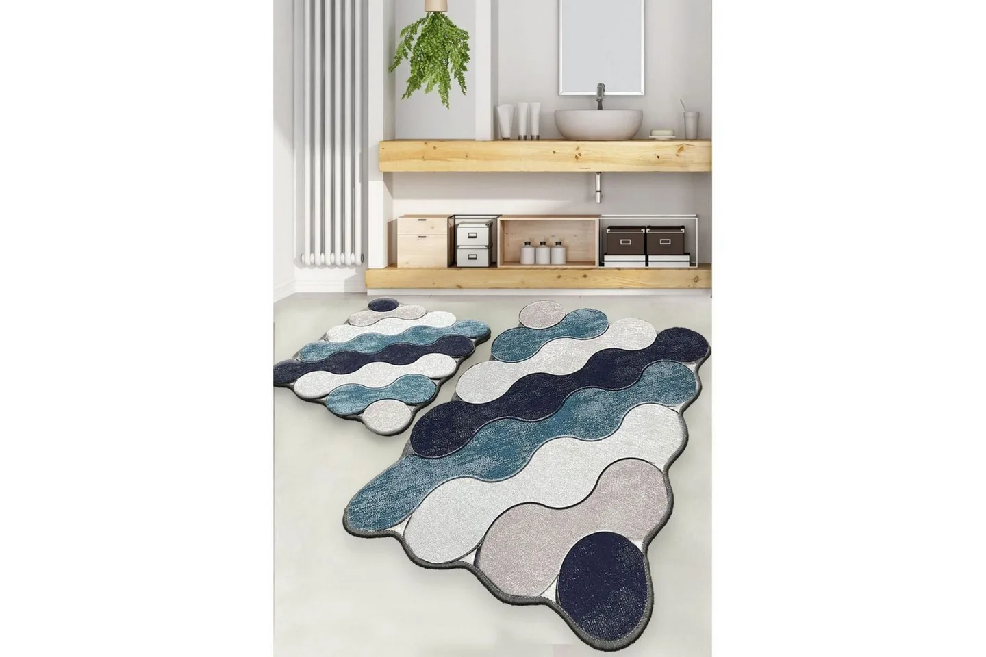 Badrumsmattset (2 delar) Sufia Blå / Mörkblå / Vit / Beige - Blå / Mörkblå / Vit / Beige