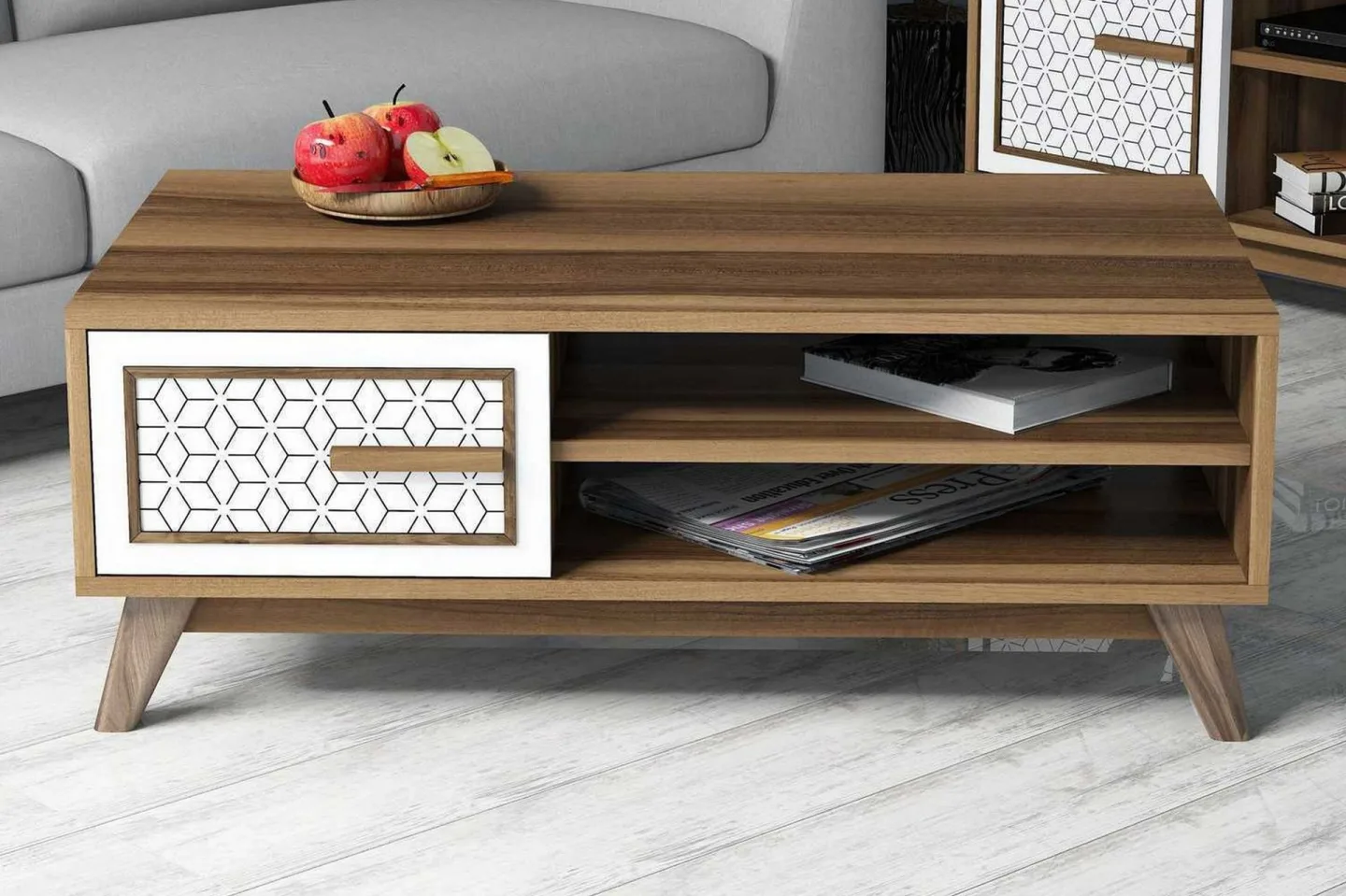 Hovdane Soffbord 105 cm m Förvaring 2 Hyllor+Skåp Diamantmön - Ek/Vit/Brun