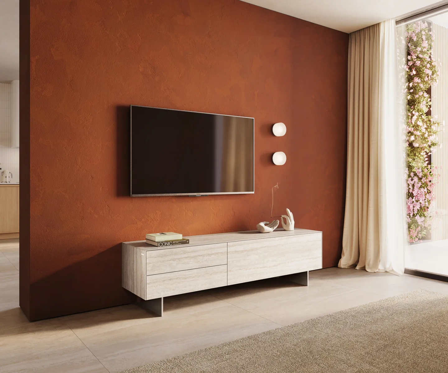 Lowboard Cuor 180 cm Keramik Laminam® Travertino Bianco Creme-Weiß 1 Klappe 2 Schubfächer Fuß Schwebeoptik Edelstahl