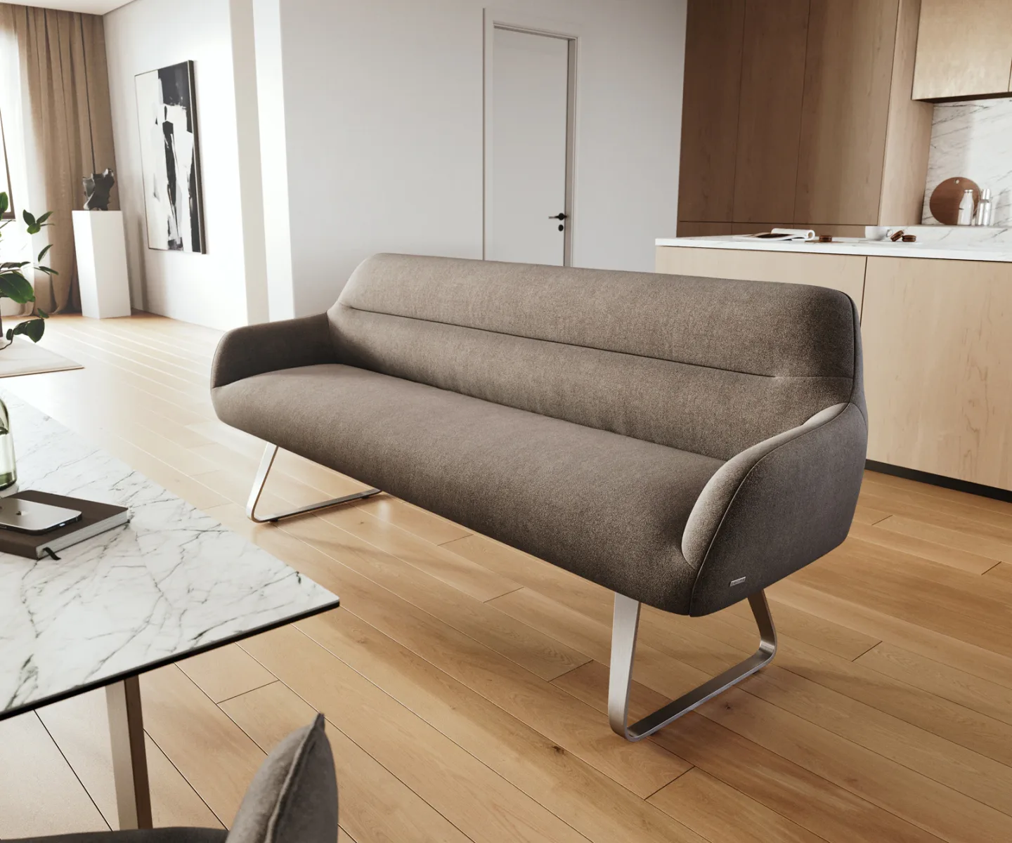 Esszimmerbank Taya-Flex 200 cm Strukturstoff Soft Taupe Kufengestell flach Edelstahl Taschenfederkern