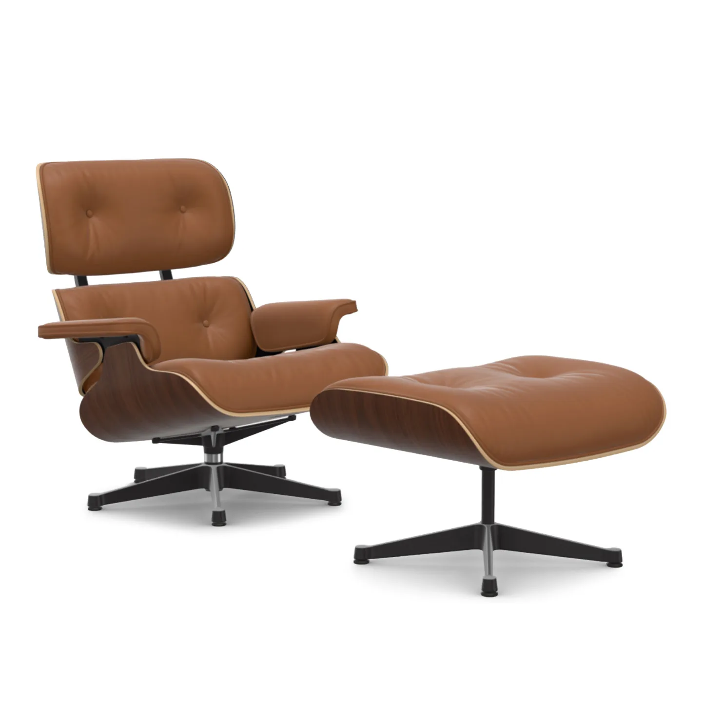 Vitra - Eames Lounge Set Dark Walnut Leather Premium Cognac 97 Polished Aluminium/Deep Black - Fåtöljer - Charles & Ray Eames - Brun