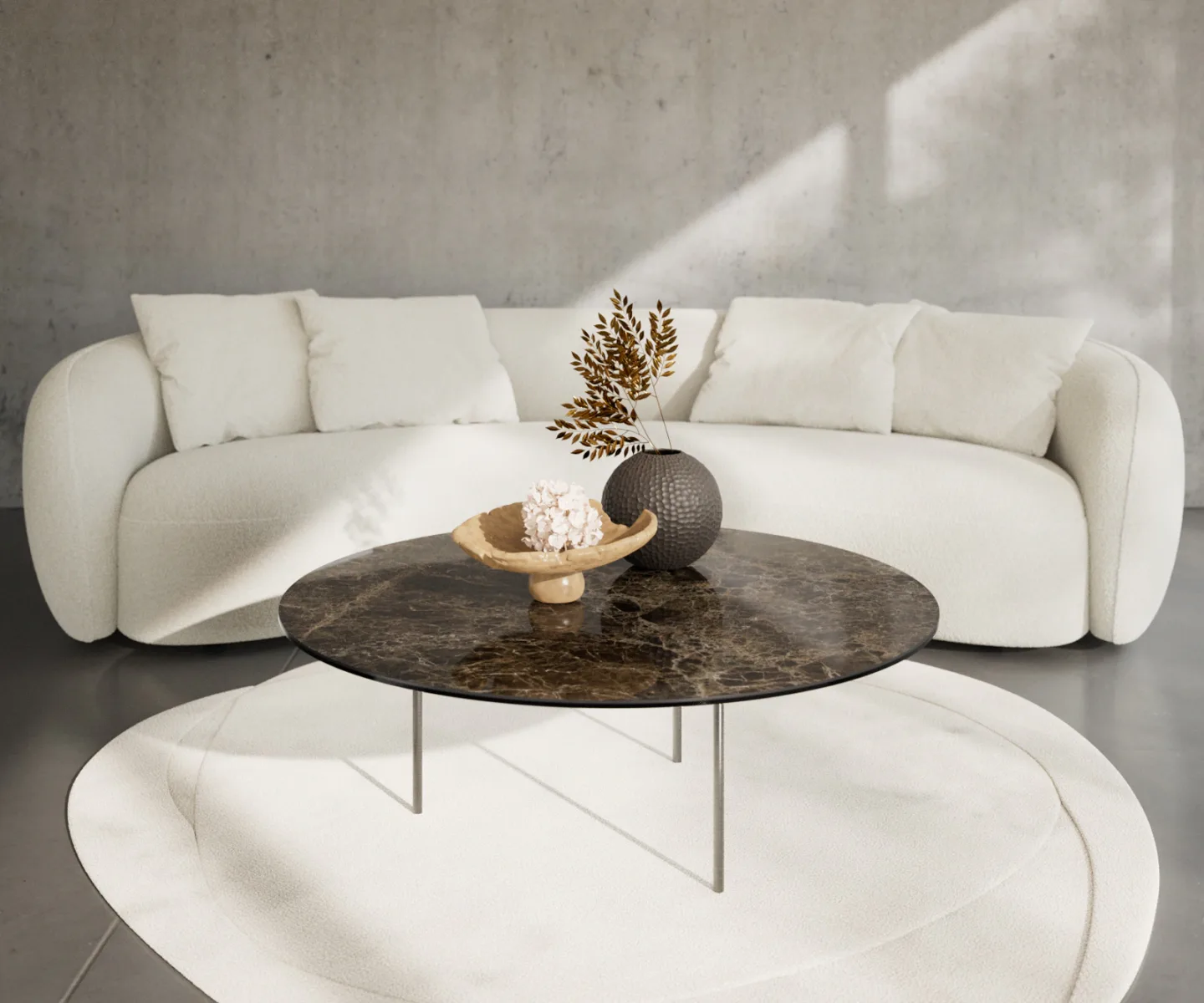Couchtisch Edge Rund 100x100 cm Keramik Emperador Extra Lucidato Dunkelbraun Trive Edelstahl gebürstet