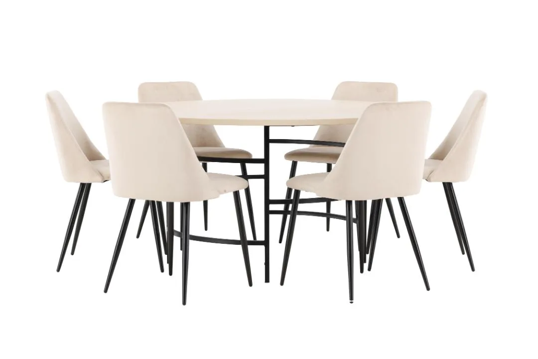 Copenhagen Essgruppe Tisch Ø140cm und 6 Stühle whitewash, beige.
