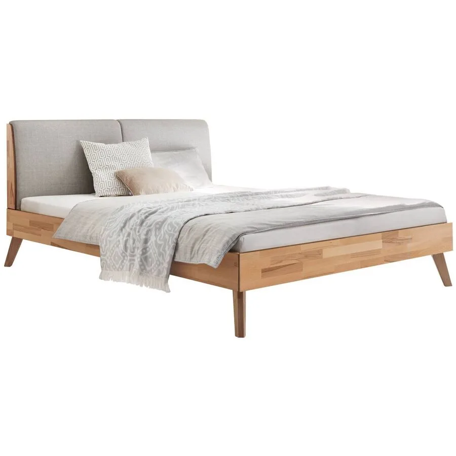 Hasena Bett Simone Natur, Hellgrau Kernbuche, Polyester Stoff Massivholz 140 x 200 cm