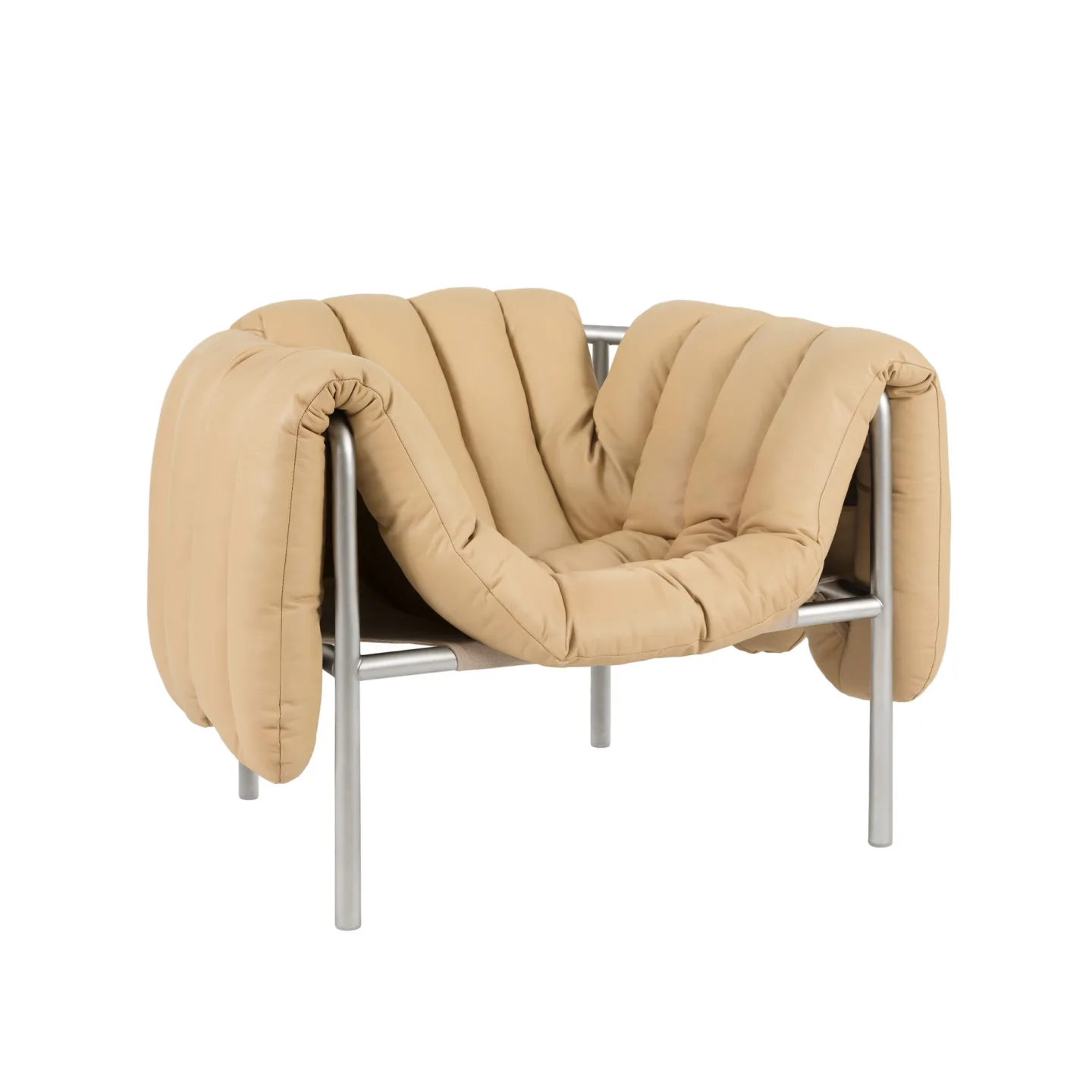 HEM - Puffy Lounge Chair - Sand Leather/Stainless - Fåtöljer - Faye Toogood - Silver,Beige - Läder/Naturmaterial/Metall/Trä/Skum