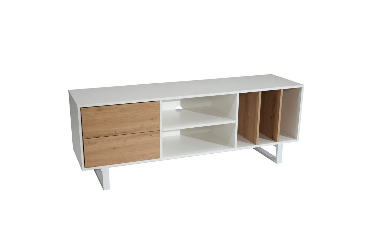 Lowboard Wohnling modernt spånskiva, 2 lådor, förvaringsbrickor, metallben, modern stil Vit, ek - Vit, ek