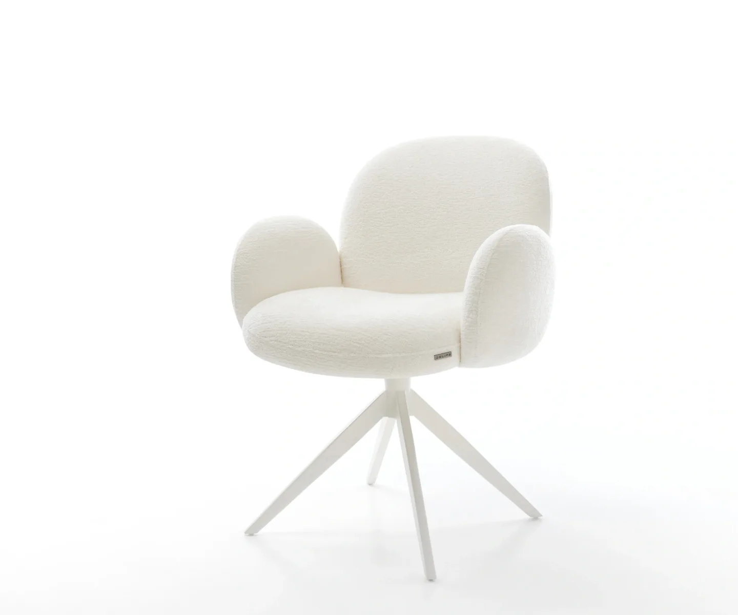 Drehstuhl Nube-Flex mit Armlehnen Bouclé Soft Beige Kreuzgestell breit Weiß 360° drehbar Wippfunktion Taschenfederkern