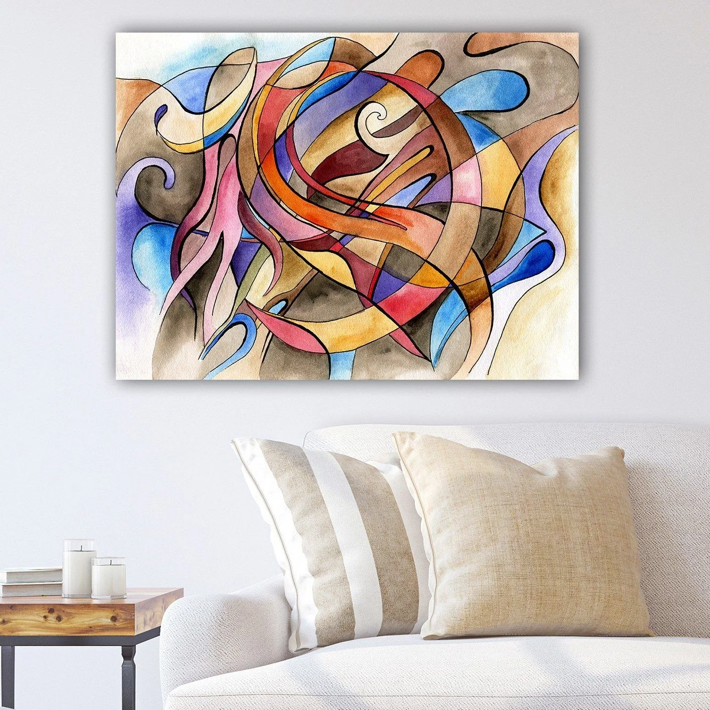 Canvastavla 70x100 cm - Abstrakt komposition med flödande linjer och former i varma och kalla färger - Röd / Blå / Beige