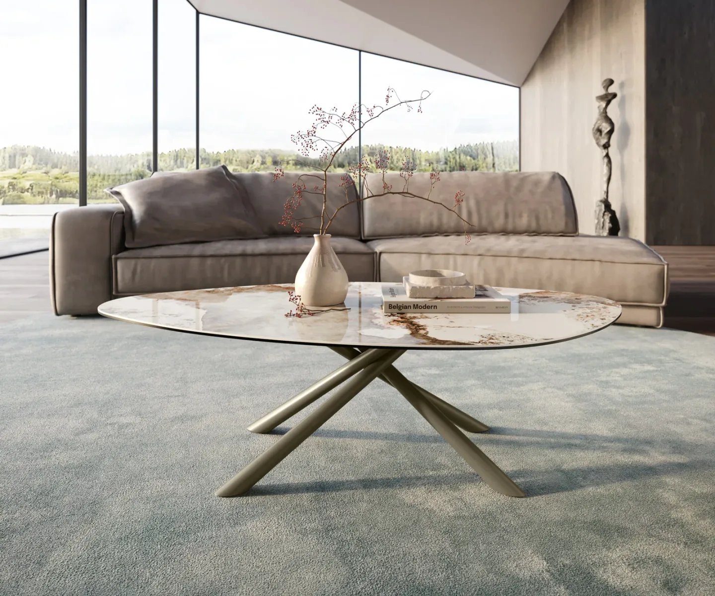 Couchtisch Edge Organisch 140x76 cm Keramik Minas Melange Sarity Metall Effektfinish Titan