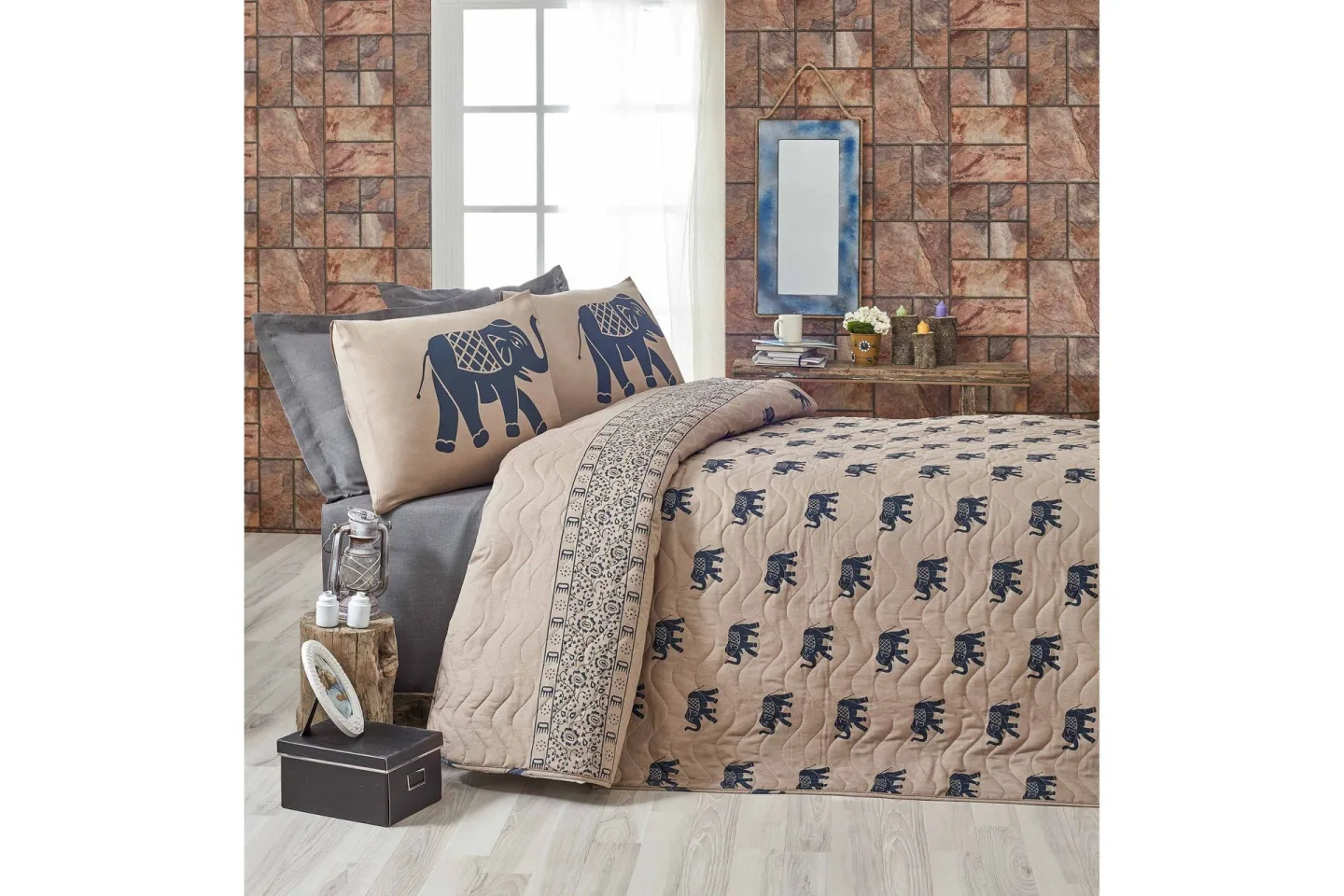 Eponj Home Överkast Enkelt 160x220+Kuddfodral Quiltat - Blå/Ljusbrun