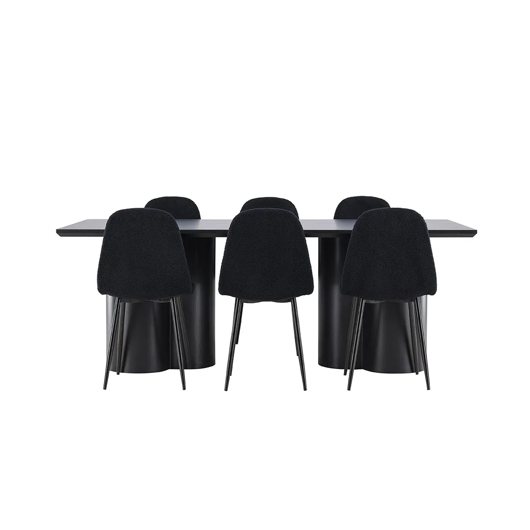 Olivia Essgruppe Tisch 100x210cm und 6 Teddy Stühle schwarz.