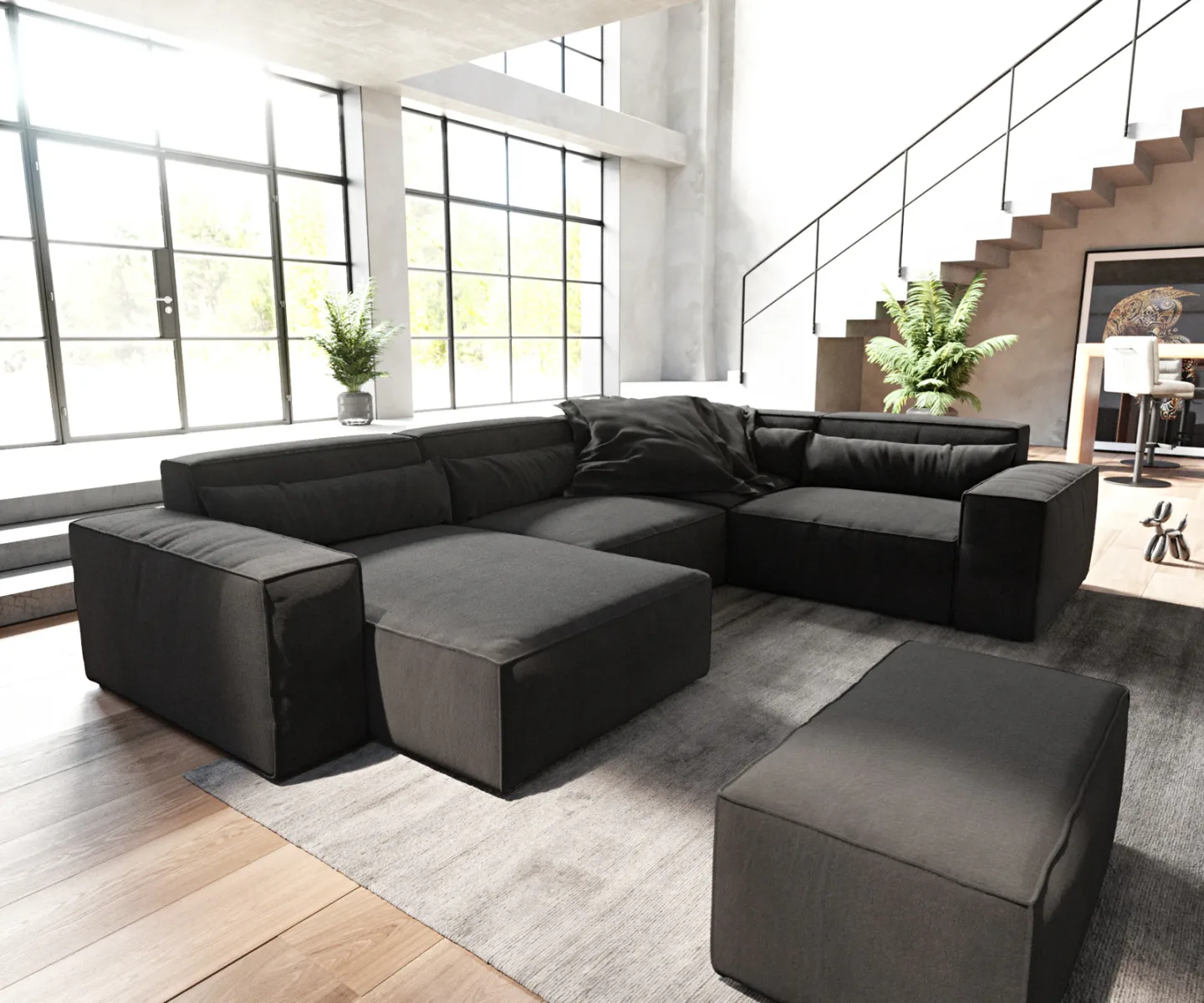 Wohnlandschaft Sirpio 300x210 cm Mikrofaser Schwarz Recamiere variabel mit Hocker