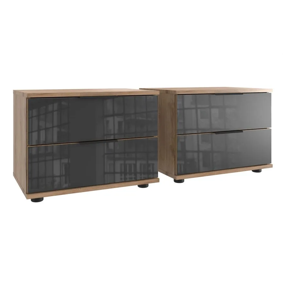 Nachttisch 2er-Set Metac Plankeneiche, Grau Spanplatte, Glas B 104 H 40 cm