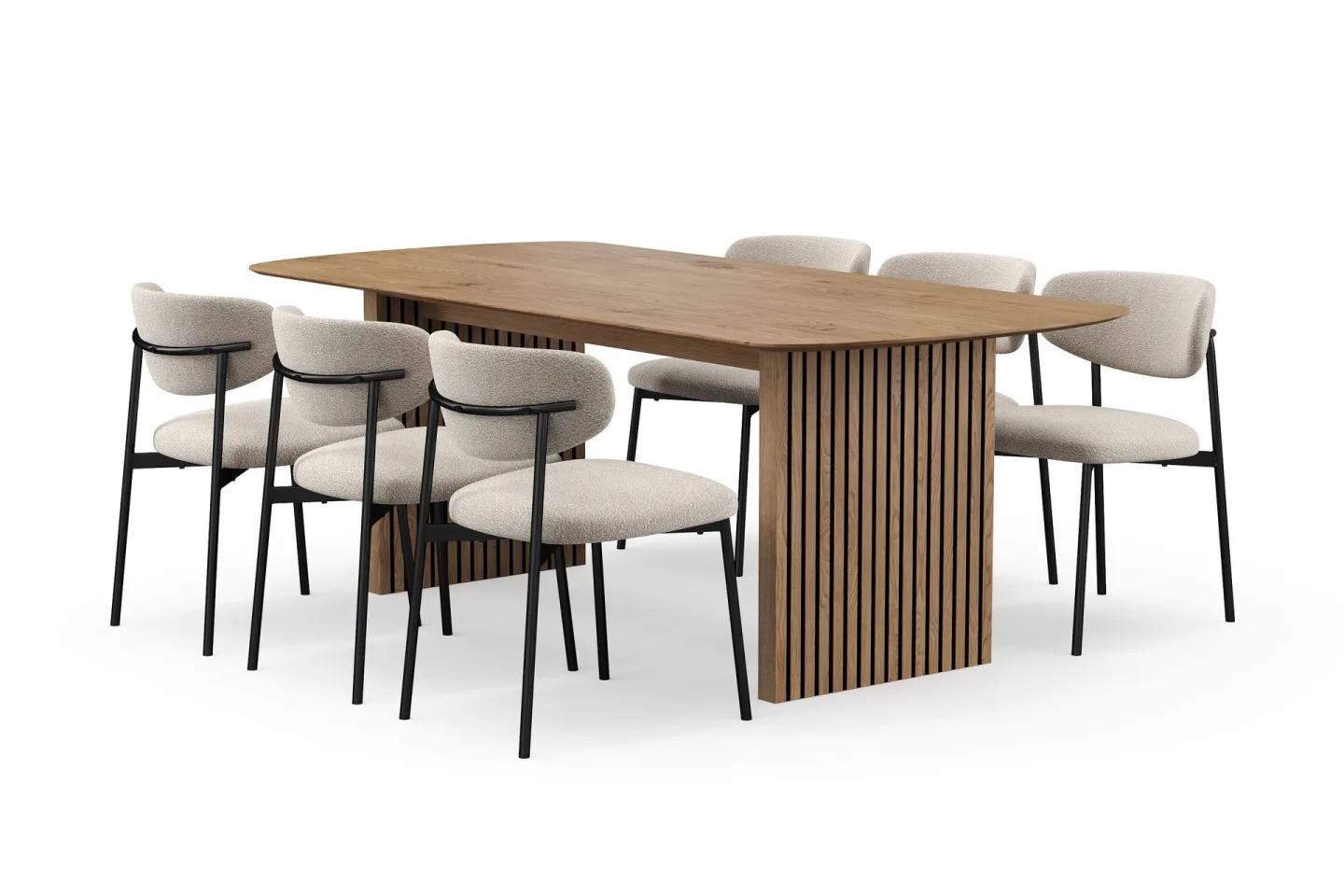 Richeto Matbord 210 cm med 6 Lucy Matstolar - Naturlig finish / Greige Bouclé / Metallben Svart