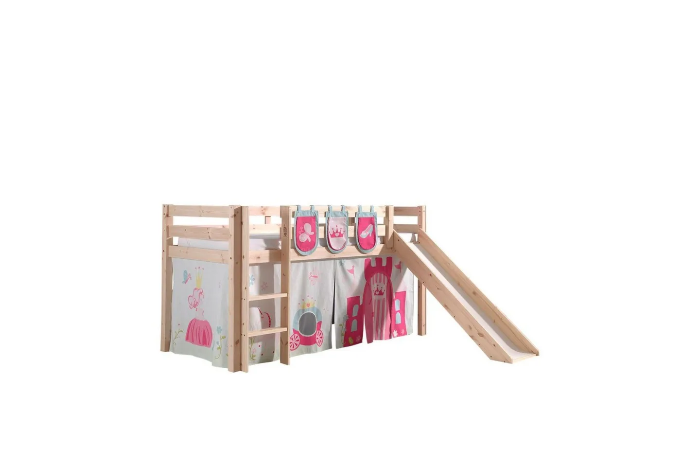 Halvhöjdssäng med gardin Pino Princess Naturlig, Naturlig, Med rutschkana, Utan tunnel, 3 - Naturlig, Naturlig, Med rutschkana, Utan tunnel, 3