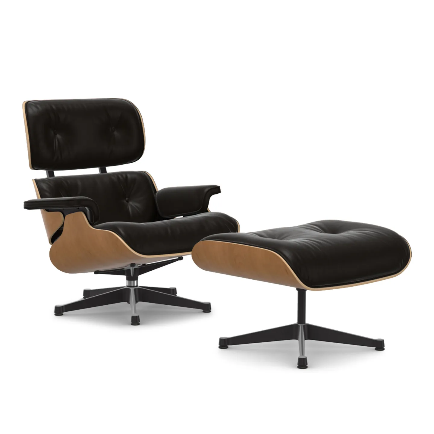 Vitra - Eames Lounge Set Cherry Leather Natural Chocolate 68 Polished Aluminium/Deep Black - Fåtöljer - Charles & Ray Eames - Brun