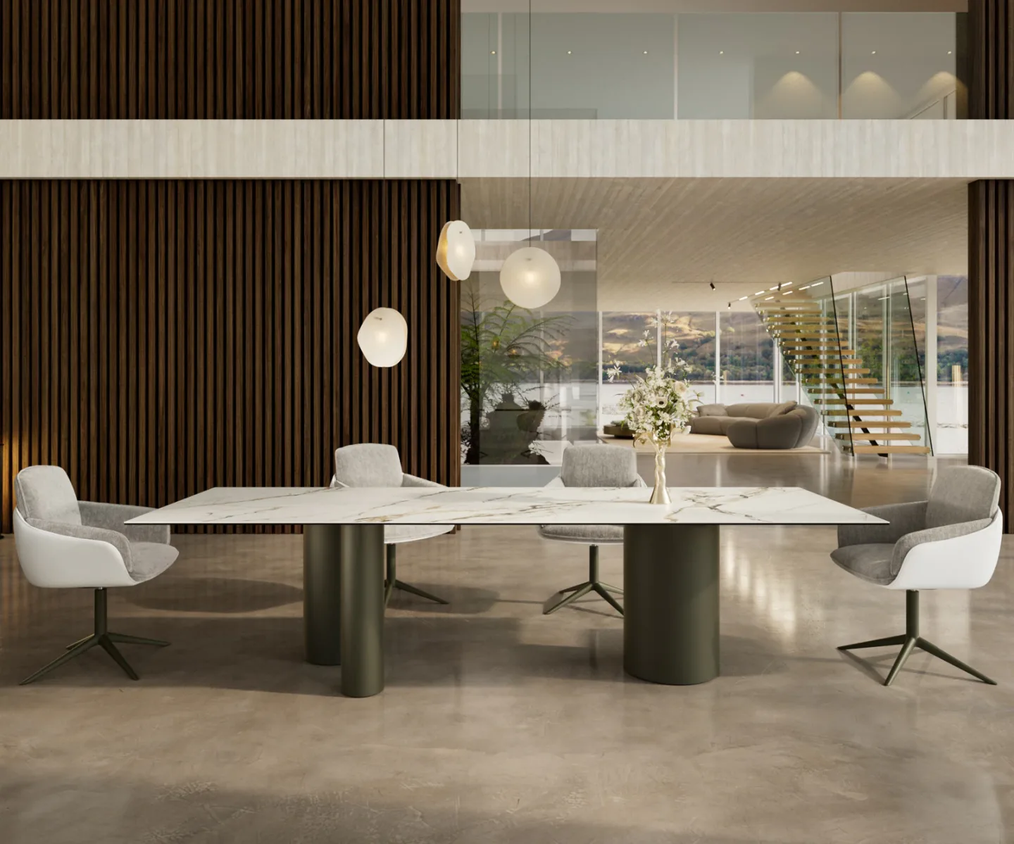 Esstisch Edge 300x100 Keramik Calacatta Luxe Weiß-Gold-Grau Troa Metall Effektfinish Titan