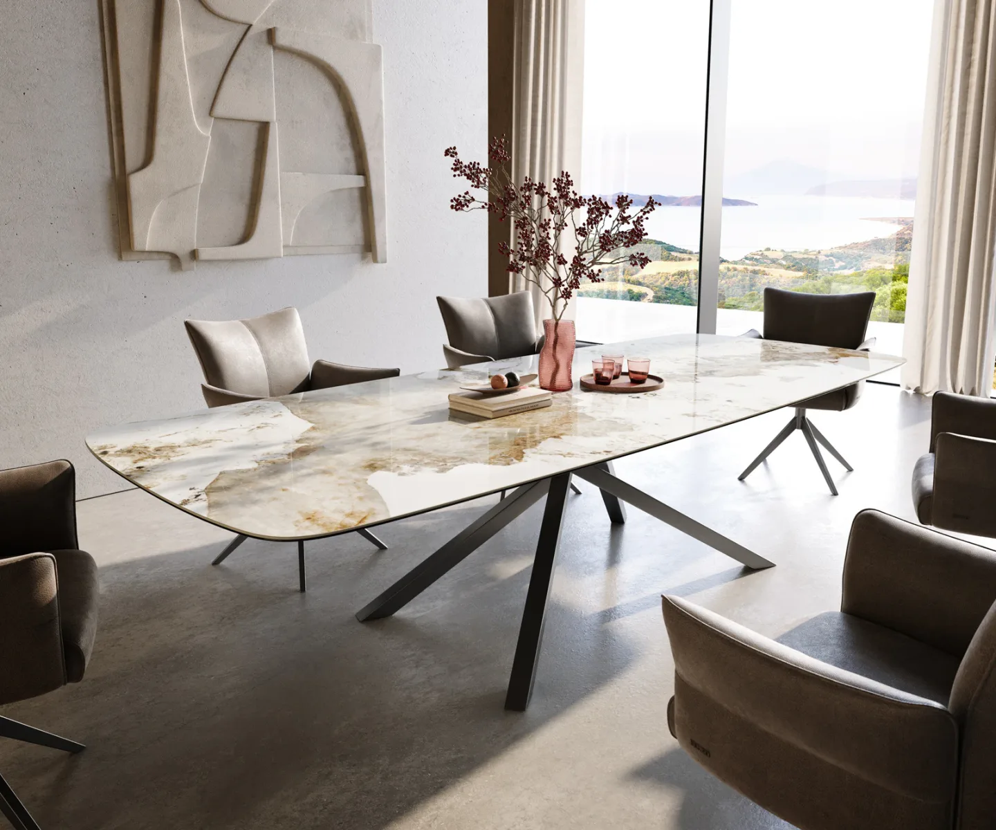 Esstisch Edge Boot 300x120 cm Keramik Minas Melange Weiß-Beige Kreuzgestell Rechteck Edelstahl Graphit