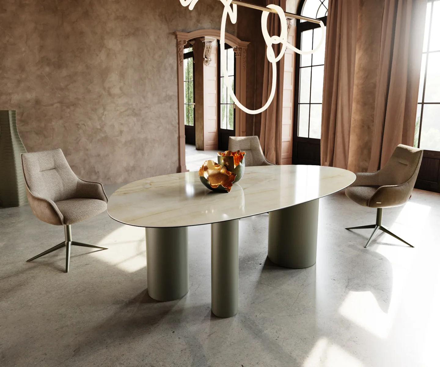 Esstisch Edge Oval 220x120 Keramik Iris FMG Onice Oro Troa Metall Effektfinish Titan