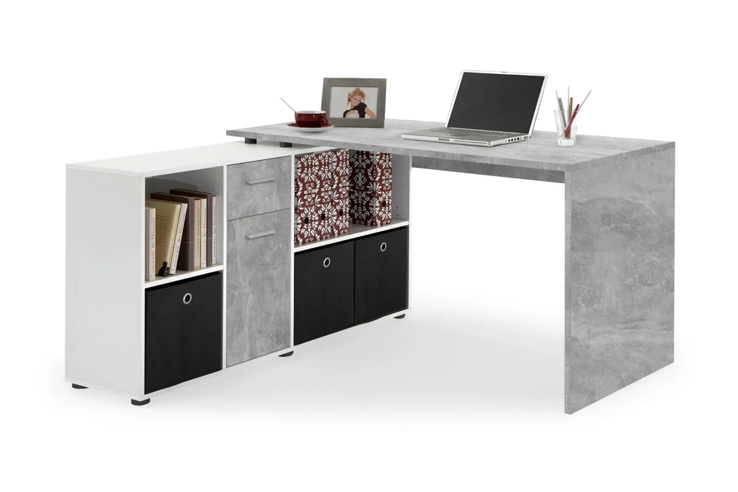 Lexo Hörnskrivbord 136 cm med Justerbar Hylla - Betong