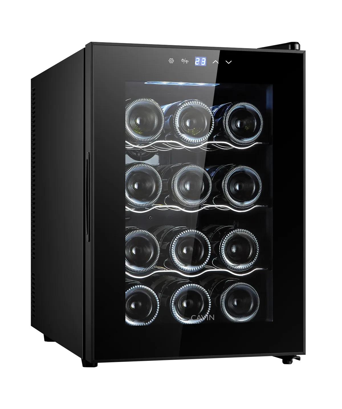Weinkühlschrank freistehender schwarz, Cavin Tundra Collection 12, eine Temperaturzone, 12 Flaschen, leiser Weinkühlschrank, günstiger Weinkühlschrank, B: 36 x H: 53 x T: 54,9 cm