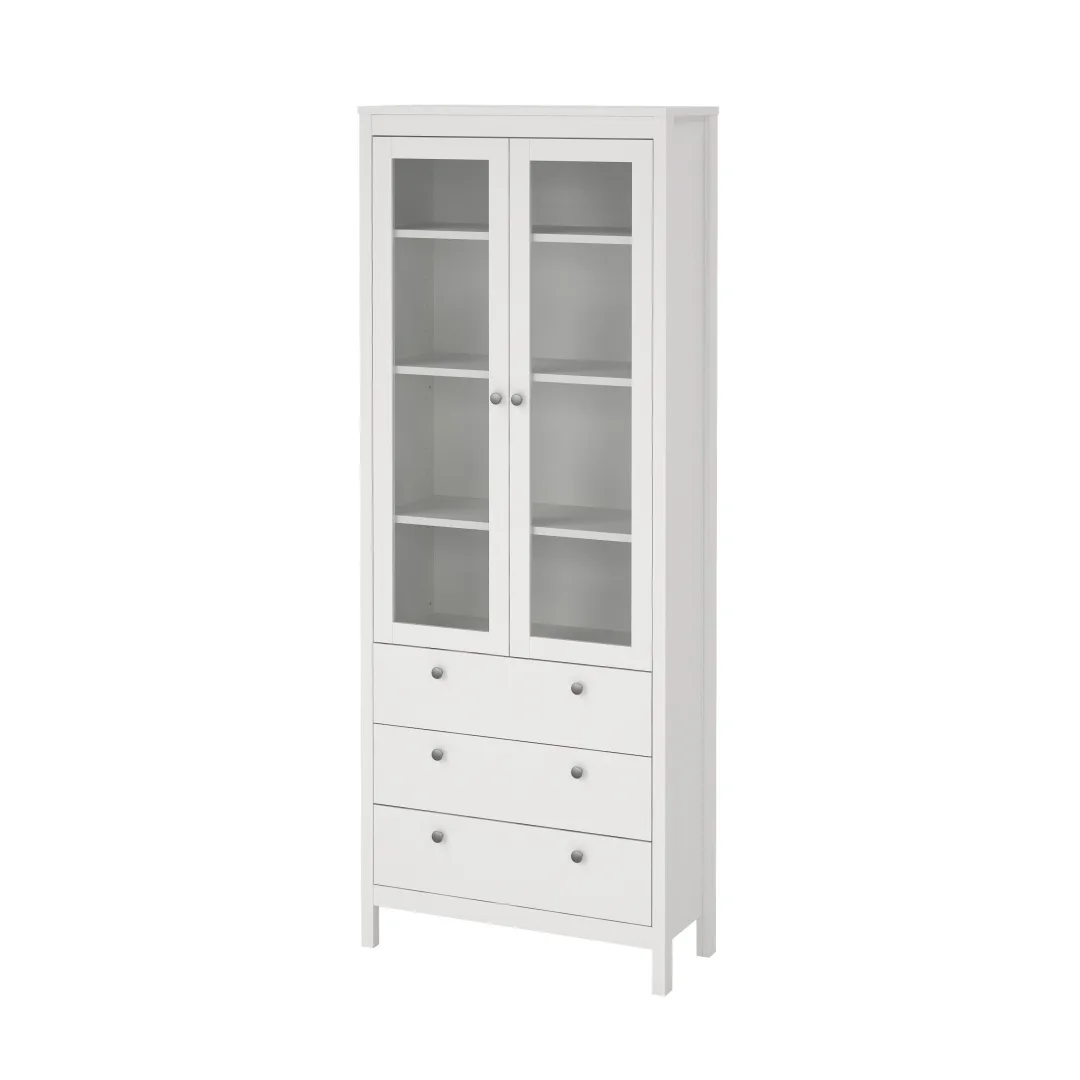 Madrid Vitrinenschrank 2 Glastüren 3 Schubladen weiß.