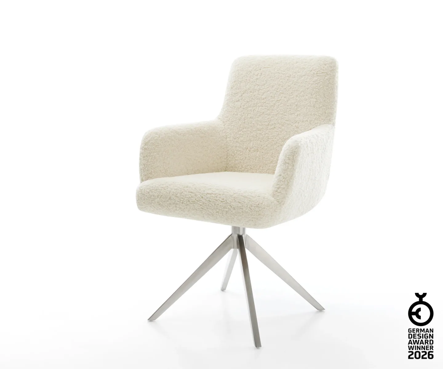 Drehstuhl Heira-Flex mit Armlehnen Teddystoff Beige Kreuzgestell breit Edelstahl 360° drehbar Wippfunktion Taschenfederkern