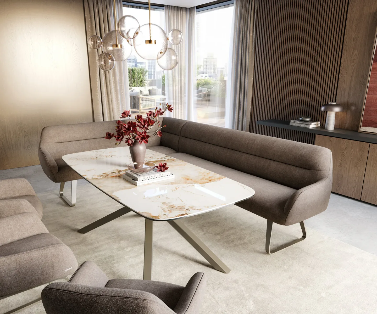 Esszimmerbank Taya-Flex 285x190 cm Strukturstoff Soft Taupe Kufengestell flach Effektfinish Titan Taschenfederkern Links