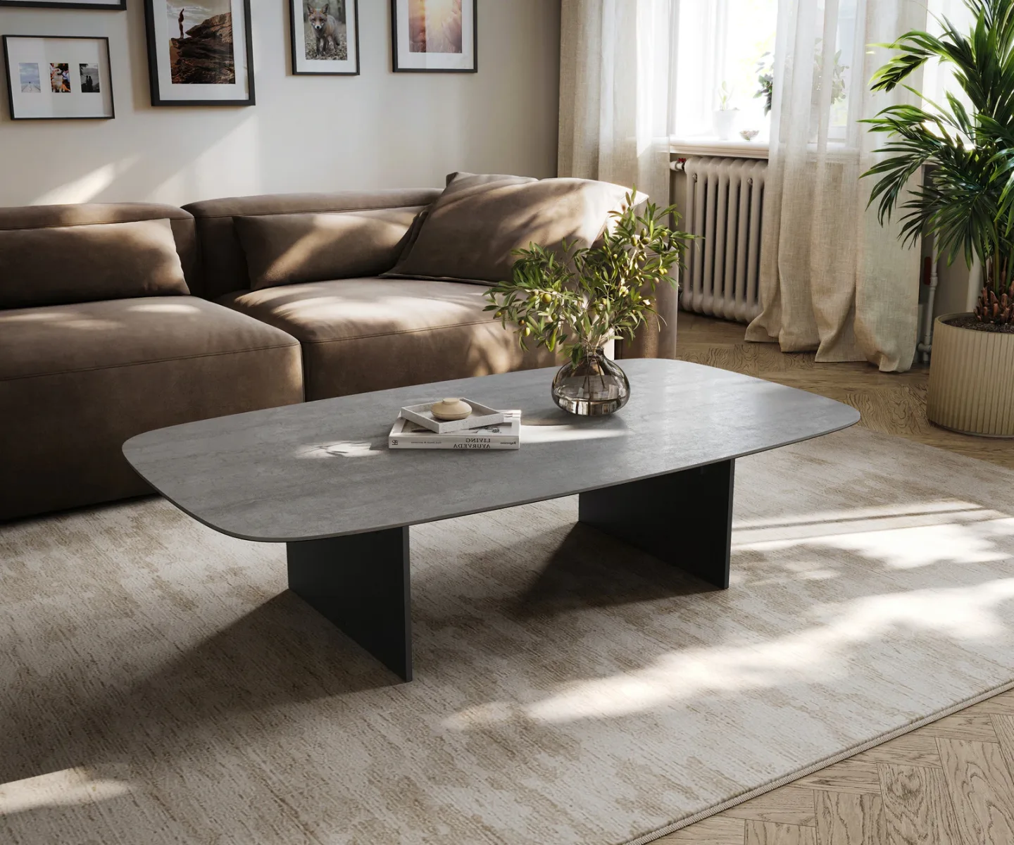 Couchtisch Edge Boot 140x80 cm Keramik Beton Grau Salto Metall Schwarz