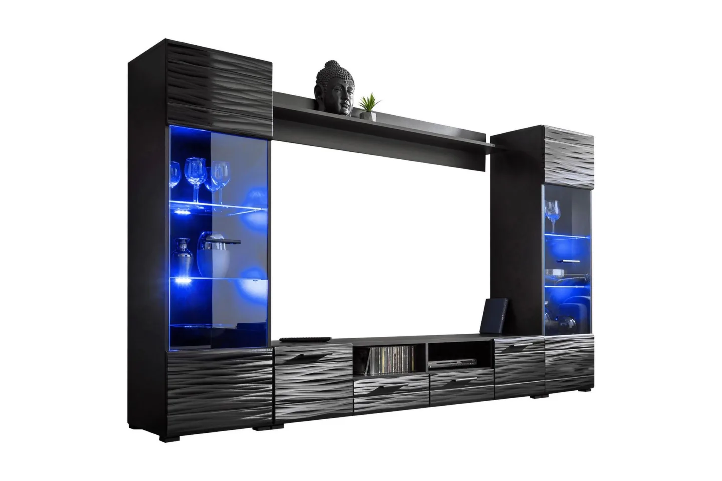 Apryl Modern TV Mediamöbel med Vitrinskåp och LED-belysning - Svart / Trä / Glas