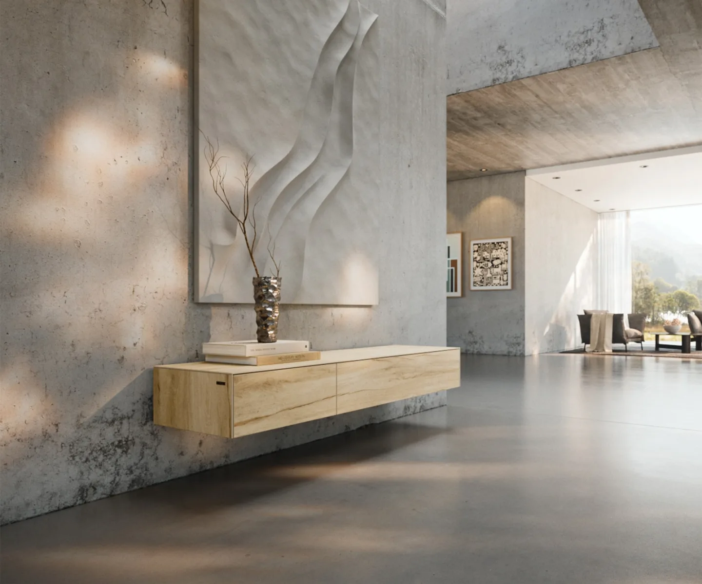 Lowboard Cuor 150 cm Keramik Laminam® Sabbia Eichefarbig 1 Klappe 1 Schubfach Schwebend