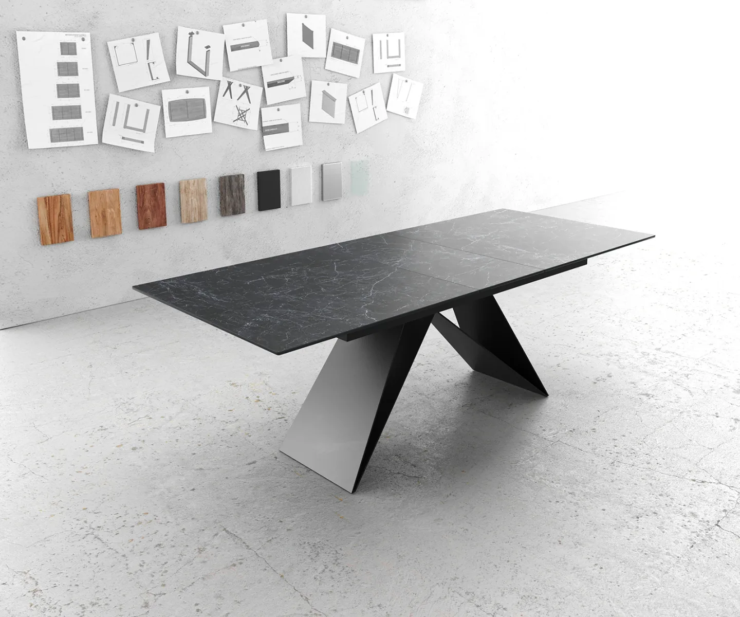 Esstisch Edge 180-220x100cm Keramik Laminam®Nero Greco Anthrazit V-Mittelfuß Schwarz ausziehbar