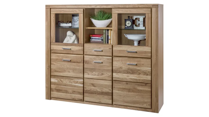 Highboard mit 2 Glastüren Wildeiche massiv geölt 159 cm - FREYJA