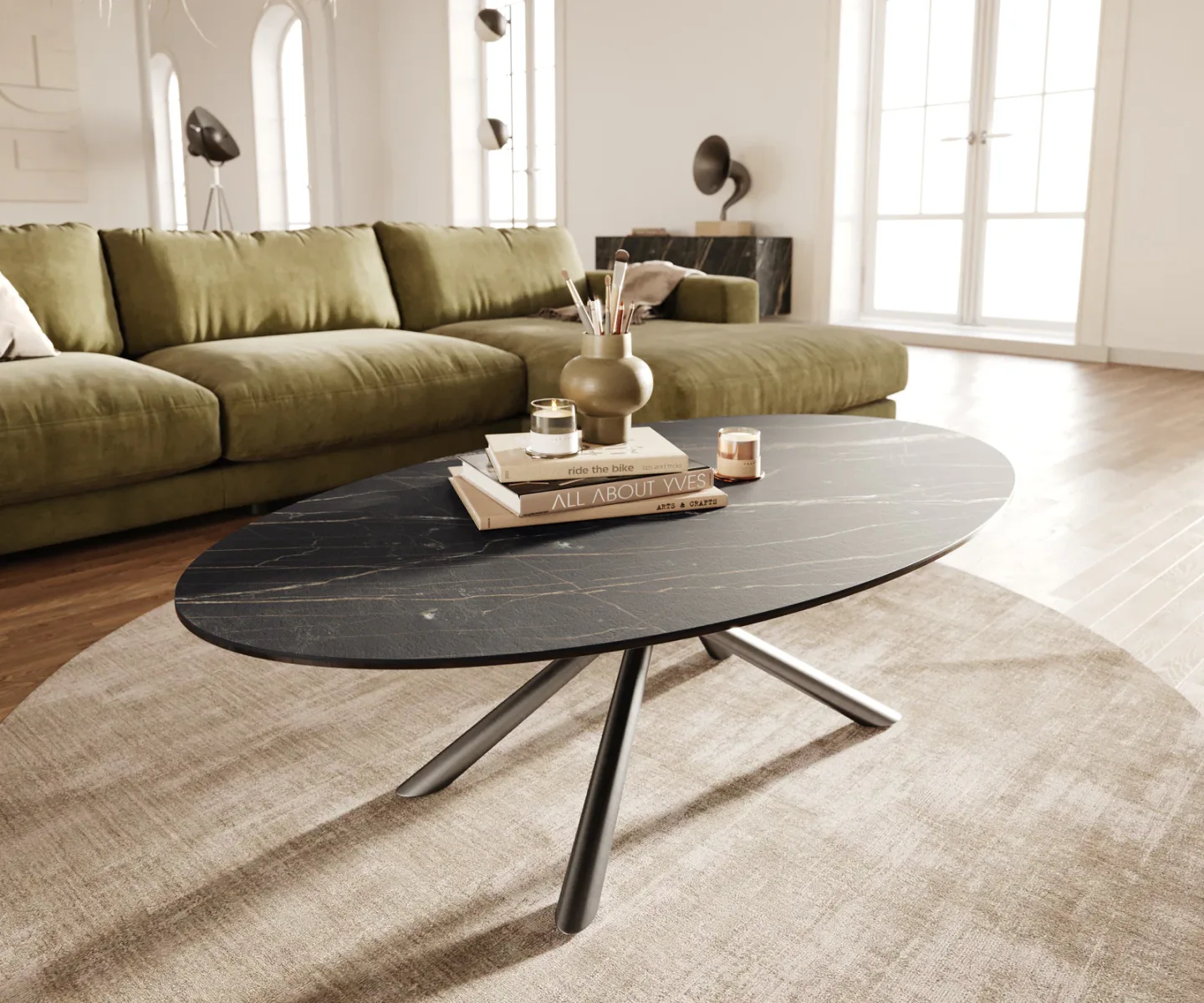 Couchtisch Edge Oval 140x80 cm Keramik Laminam® Noir Desir Braun Sarity Edelstahl gebürstet