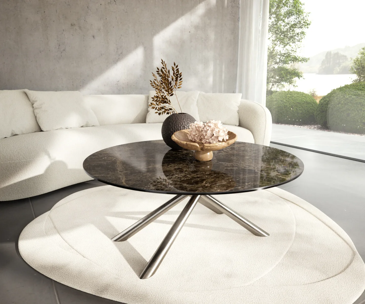 Couchtisch Edge Rund 100x100 cm Keramik Emperador Extra Lucidato Dunkelbraun Sarity Edelstahl gebürstet