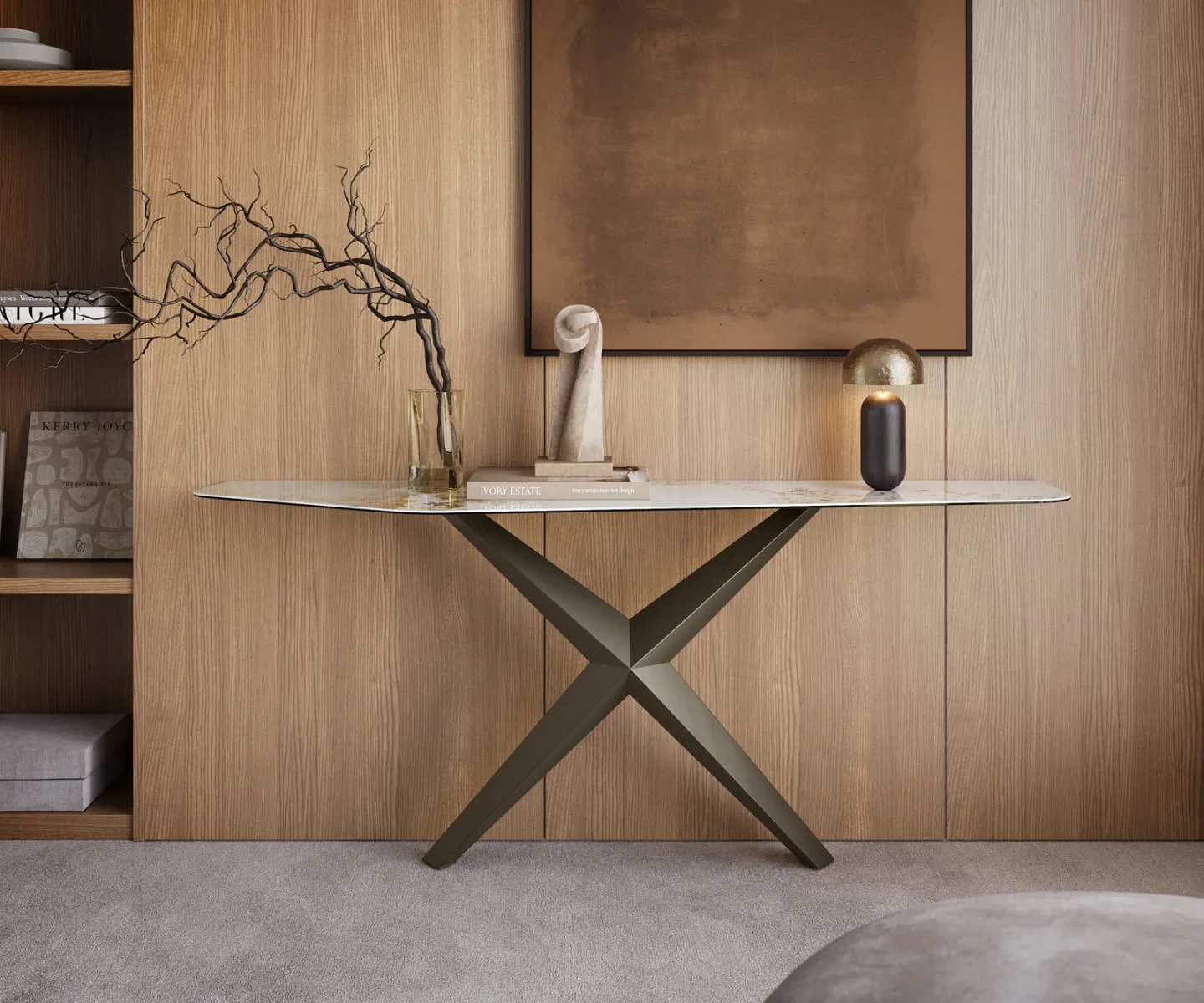 Konsolentisch Edge Polygonal 180x50 cm Keramik Minas Melange Weiß-Beige Zentharo Metall Effektfinish Titan