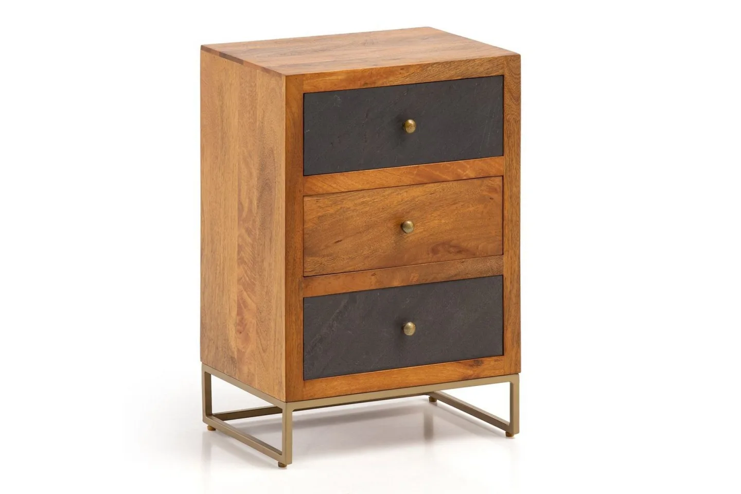 Sängbord Wohnling gjord av massivt trä för boxspringbädd med 3 lådor, skifferlook, i lantlig stil Brun, Svart - Brun, Svart