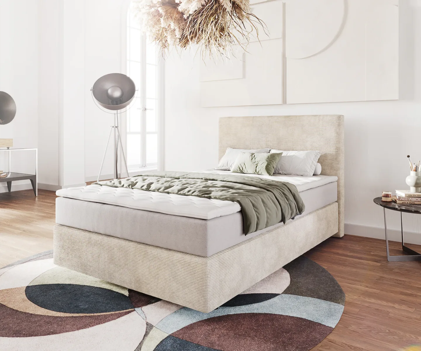 Boxspringbett Dream-Well 120x200 cm Cord Beige mit Taschenfederkernmatratze und Topper Visco