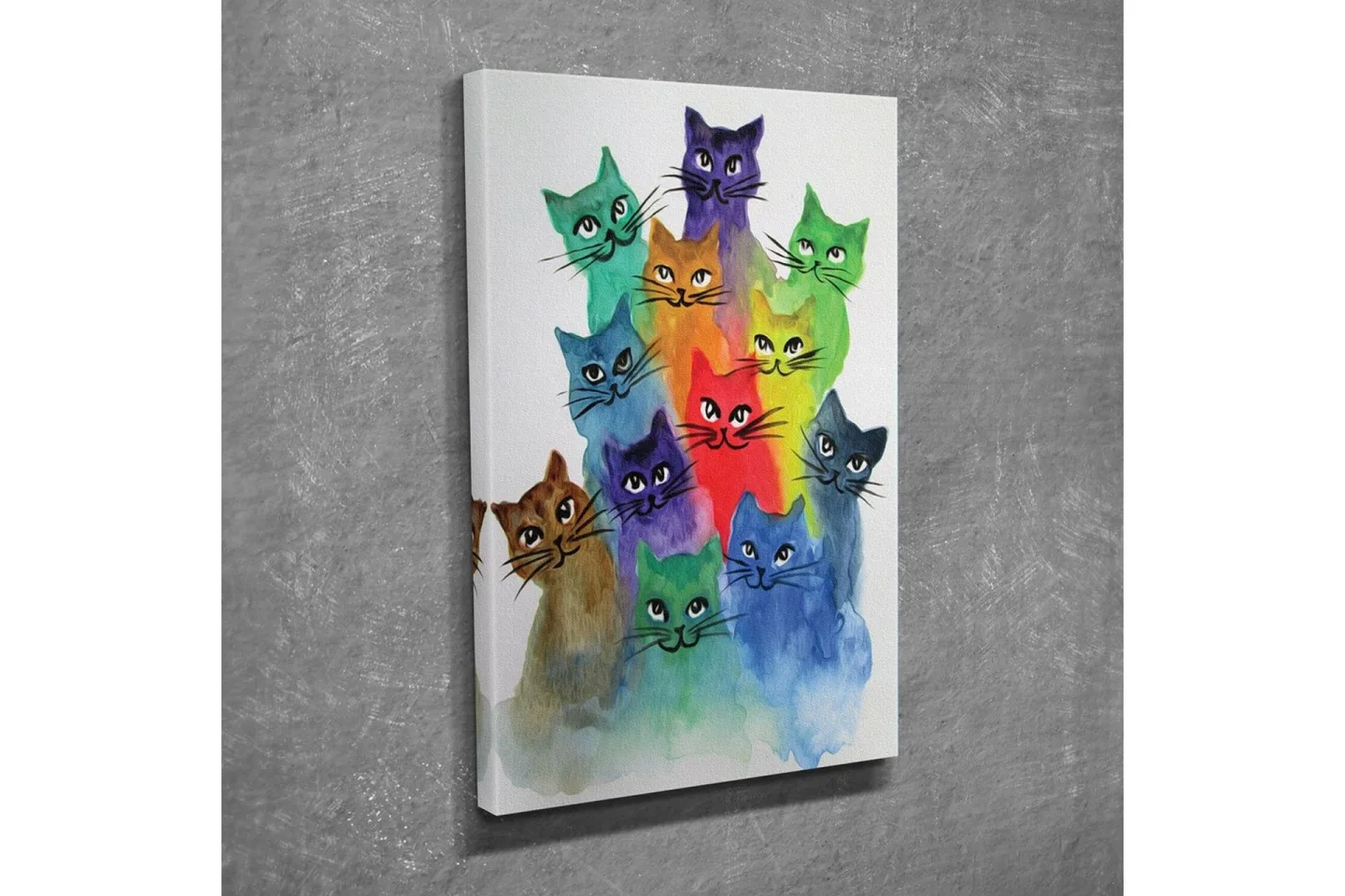 Liten Canvastavla 30x40 cm - Färgglad samling av katter i olika nyanser - Grön / Blå / Lila