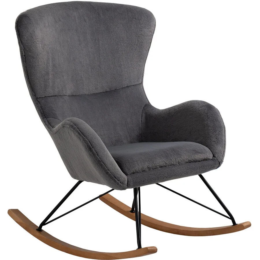 Schaukelstuhl Swing Dunkelgrau, Schwarz, Natur Lammfell Optik, Metall, Holz B 70 T 94 H 102 cm